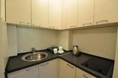 a kitchen with a sink and a counter top at Rafailovici Holiday Apartments in Rafailovici