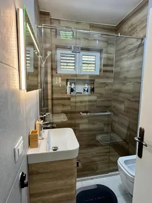 a bathroom with a sink and a shower at Red House Apartment in Kotor