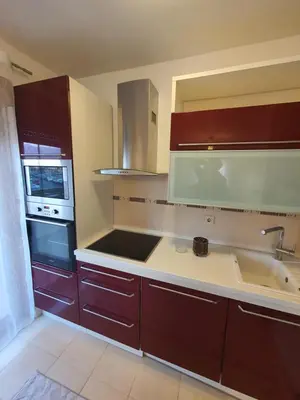 a kitchen with a sink and a stove top oven at Comfort one bedroom apartment in Podgorica