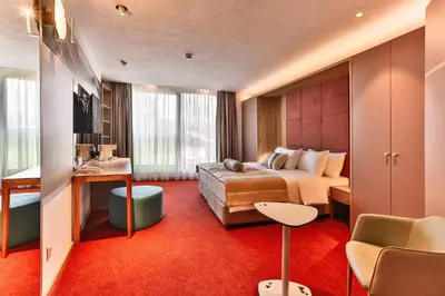 a hotel room with a bed and a desk at Carine Hotel Centar in Podgorica