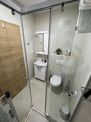 a bathroom with a shower with a toilet and a sink at Art's Apartment mit Pool Ulcinj Pinjes in Ulcinj