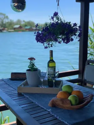 a table with a bottle of wine and a plate of fruit at Zen House for 2 in Ulcinj
