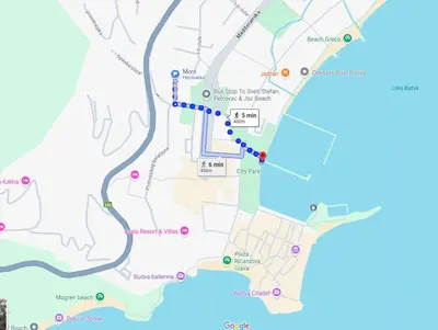 a map of the route of a bike ride at Bonaca Apartments in Budva