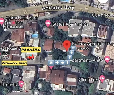 a map of the approximate location of a house at Bonaca Apartments in Budva