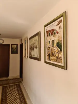 a hallway with paintings on the walls of a house at Beatrix Suites in Budva