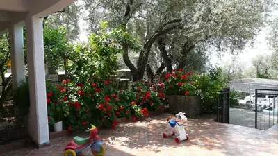 a garden with red flowers and some toy animals at Guest house Živković in Sveti Stefan