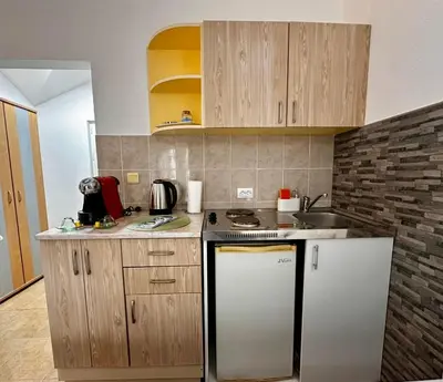 a kitchen with a white refrigerator and a sink at Studio apartmani Ljubica in Budva
