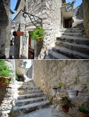 two photographs of a stone stairway in an old building at Apartment Amigo Old Town Kotor in Kotor