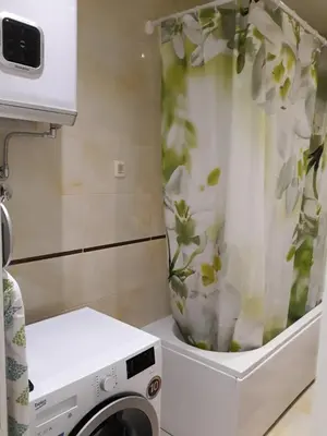 a washing machine in a kitchen with a flower shower curtain at Apartman Pejovic in Petrovac na Moru