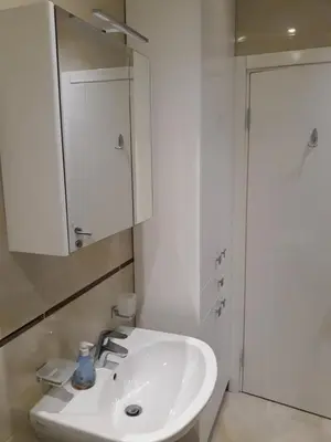 a white bathroom with a sink and a shower at Apartman Pejovic in Petrovac na Moru