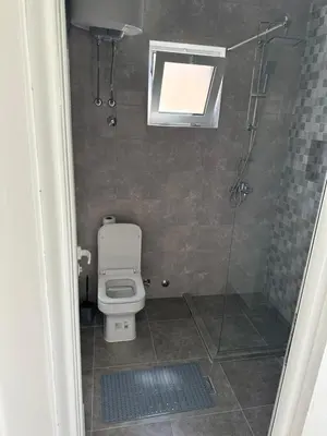 a small bathroom with a toilet and a shower at Niki Apartments in Ulcinj