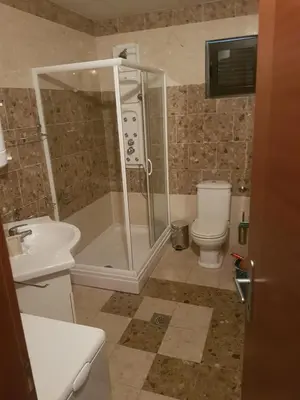 a bathroom with a shower and a toilet and a sink at Stan Inlav Pržno in Pržno