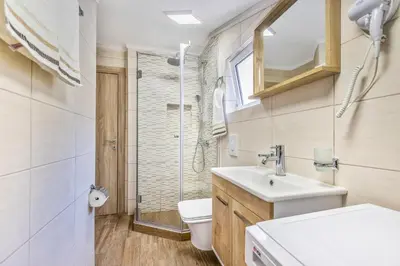 a bathroom with a sink and a toilet and a shower at Apartment Petar 2 in Kotor