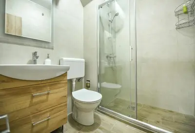 a bathroom with a toilet and a sink and a shower at Apartman Centar 2 in Podgorica
