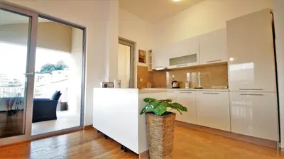 a kitchen with white cabinets and a potted plant at Pavlina Apartments Budva in Budva