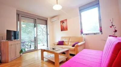 a living room with a couch and a tv at Pavlina Apartments Budva in Budva
