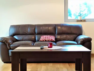 a brown leather couch sitting in a living room with a coffee table at Pavlina Apartments Budva in Budva