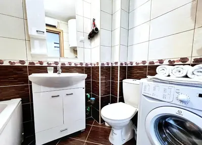 a bathroom with a toilet and a sink and a washing machine at Adriatique Apartments in Dobra Voda
