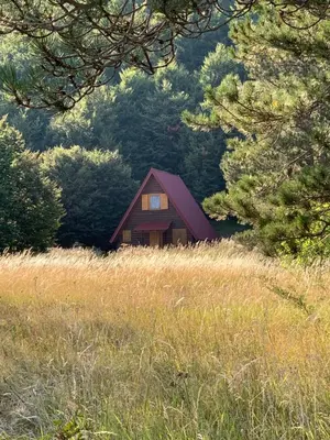 a small house in the middle of a field at Breeze Home Cottage in Cetinje