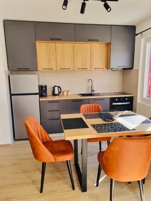 a kitchen with a table and chairs and a refrigerator at OM Apartment in Podgorica