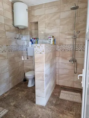 a bathroom with a toilet and a shower at Apartman LOKI in Ulcinj