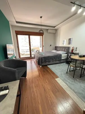 a bedroom with a bed and a couch and a table at Apartman Ana Lux in Podgorica