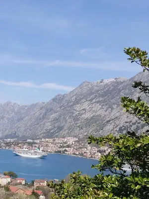 a boat in a large body of water with mountains at Dolce Casa in Kotor