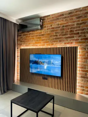 a living room with a tv on a brick wall at Anja & Ogo apartments with Pool _ in Petrovac na Moru