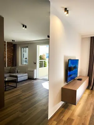 a living room with a couch and a tv at Anja & Ogo apartments with Pool _ in Petrovac na Moru