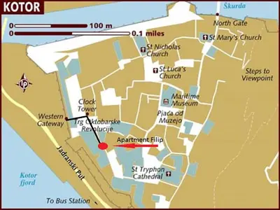a map of kotori with a red marker at Apartment Filip in Kotor