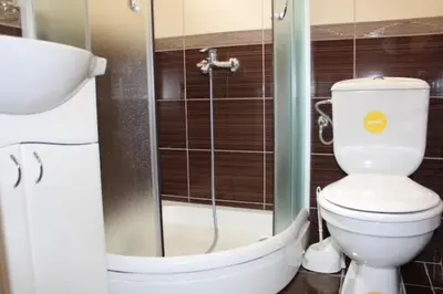 a bathroom with a toilet and a shower and a sink at ApartsDobraVoda in Dobra Voda