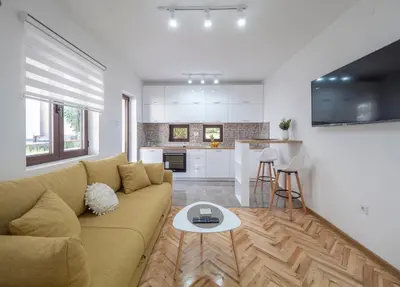 a living room with a couch and a kitchen at Oscar Exclusive Apartment in Budva