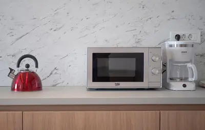 a microwave sitting on a counter next to a blender at Horizon-One bedroom apartment with pool Jane in Becici
