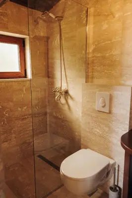 a bathroom with a toilet and a shower at OLIVE QUEEN Rustic Estate in Bar
