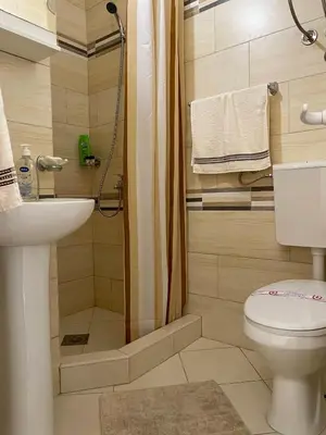 a bathroom with a shower and a toilet and a sink at Apartment Center in Sutomore