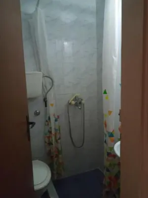 a bathroom with a shower with a toilet and a sink at Two in Petrovac na Moru