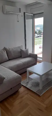a living room with a couch and a coffee table at Apartment Luka in Podgorica