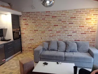 a living room with a couch and a brick wall at Budva stan Natasa in Budva