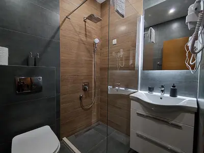 a bathroom with a shower and a toilet and a sink at Lolo Luxury rooms & suites in Budva