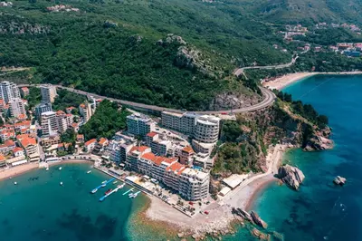 an aerial view of a resort on a beach at Alex Lux sea view apartment 1 in Rafailovici