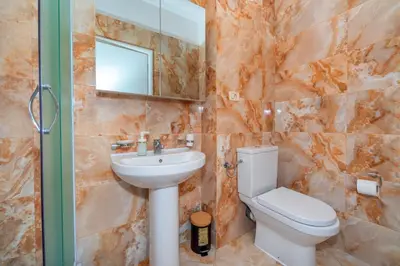 a bathroom with a toilet and a sink and a mirror at Alex Lux sea view apartment 1 in Rafailovici