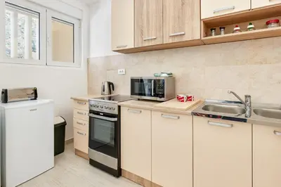 a small kitchen with white cabinets and a sink at Apartment Pavle in Kotor