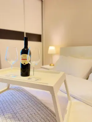 a bottle of wine sitting on a table with two glasses at Apartment Hana in Bar