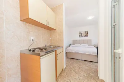 a kitchen with a sink and a bed in a room at Villa Dana in Bar