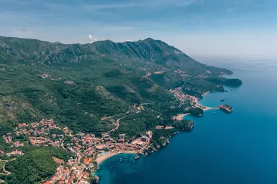 an aerial view of a small town on a mountain at Alex Lux sea view aparmtent 2 in Rafailovici