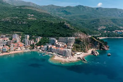 an aerial view of a city on a beach at Alex Lux sea view aparmtent 2 in Rafailovici