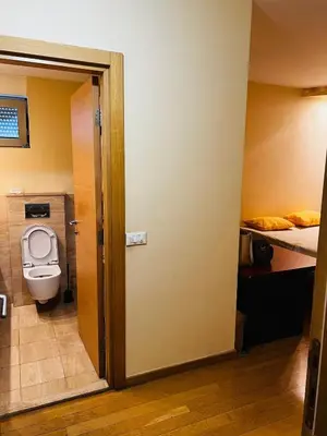 a bathroom with a toilet and a bed at 'M&M' two bedroom apartment in center of Budva in Budva