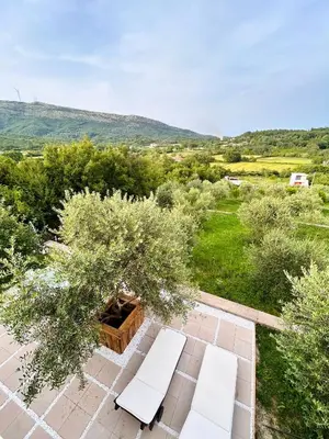 an overhead view of a garden with two benches at Greenscape Village in Ulcinj