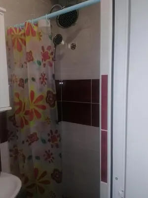 a shower in a bathroom with a shower curtain at Apartmani Momčilović in Čanj