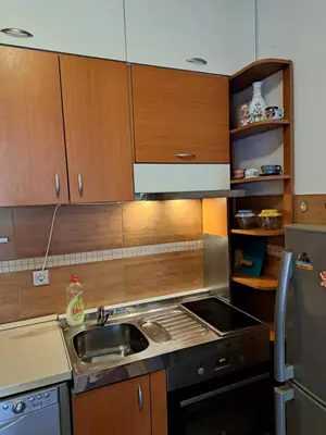 a kitchen with a sink and a stove at Apartmani Ljumović Budva in Budva